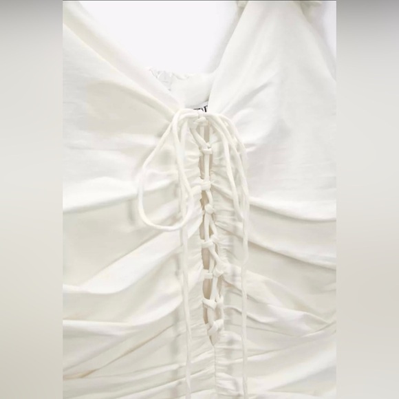Women Draped Off White Linen Blend Zara Bodycon Mini Dress - Picture 10 of 10